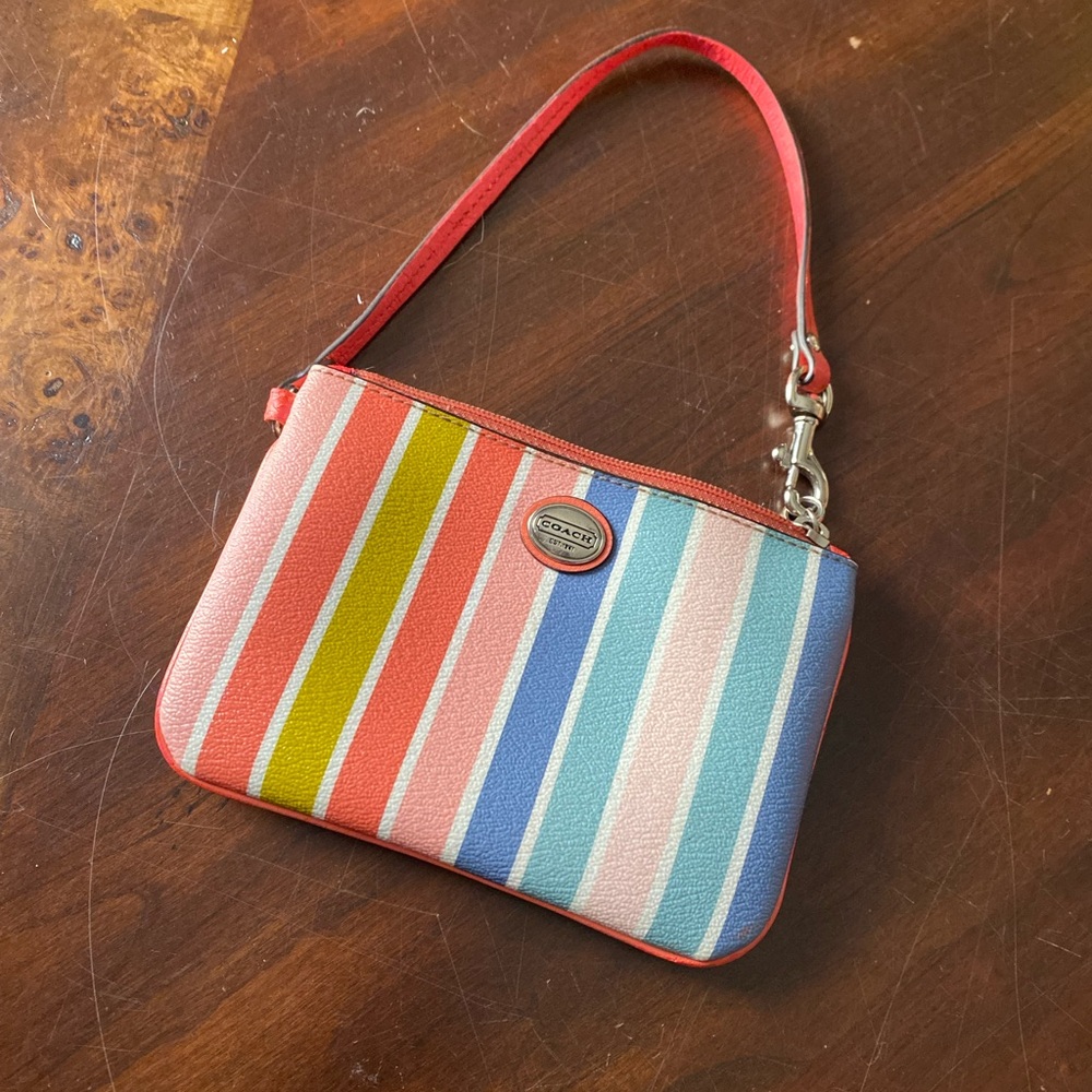 Coach Striped Multicolor Wristlet - Coral, Blue & Green Accents